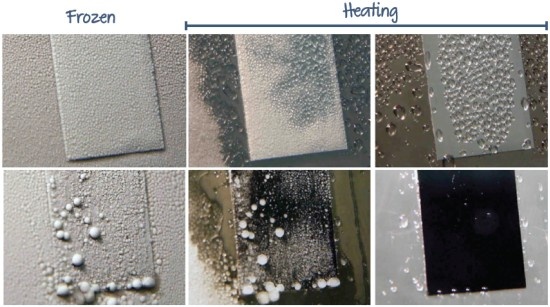Ice formation by deep freezing (to -10°C) in high-humidity conditions (60% relative humidity) and subsequent de-icing by heating